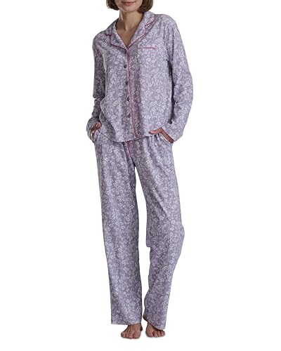 Karen Neuburger Women's [Petite] Girlfriend Long Sleeve Notch Collar Button Up Top and Pant Bottom 2-Piece Pajama Set