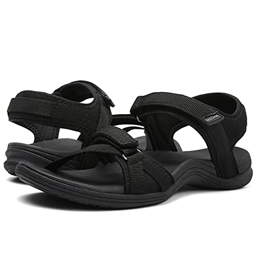 MEGNYA Womens Lightweight Cushion Sandals for Walking, Summer Outside Hiking Sandals with Adjustable Hook and Loop Straps