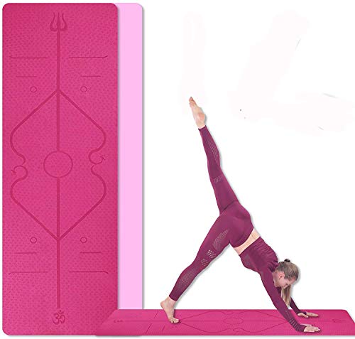 TEALP Yoga Mat Non Slip, Pilates Fitness Mats with Alignment Marks, Eco Friendly, Anti-Tear Yoga Mats for Women, 1/4" Exercise Mats for Home Workout with Carrying Strap Red