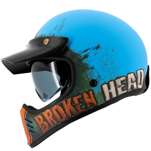 Broken Head Retro MX Helm Rusty Rider Blau-Orange Mit Sonnenblende - Vintage Look - Perfekt für Scrambler, Chopper, Bobber, Retrobike (M (57-58 cm))