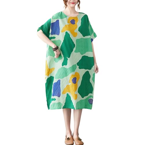 Image of LUZU JUNU Women's Summer Baggy Plus Size Loose Cotton Linen Long Boho Beach Dress with Pockets