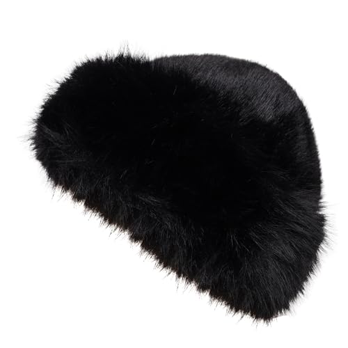 Sdfvsdg Womens Faux Fur Hat Winter Thickened Bucket Hat Warm Faux Fur Hats Plush Mongolian Hats Russian Beret for Women Black