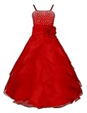FEESHOW Mädchen Brautjungfern Kleid Prinzessin Blumenmädchenkleid Lang Spagehtti-Träger mit Rüschen und 3D Blume Abendkleid für Hochzeit Party Gr. 92-164 Rot 164