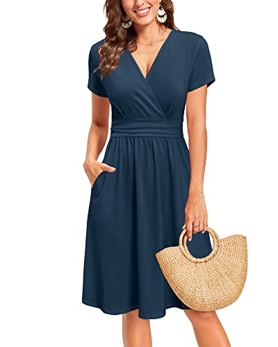 Image of Newshows Womens Summer Short Sleeve Casual Dresses V Neck Floral Vacation Sundress Faux Wrap Midi Dress with Pockets