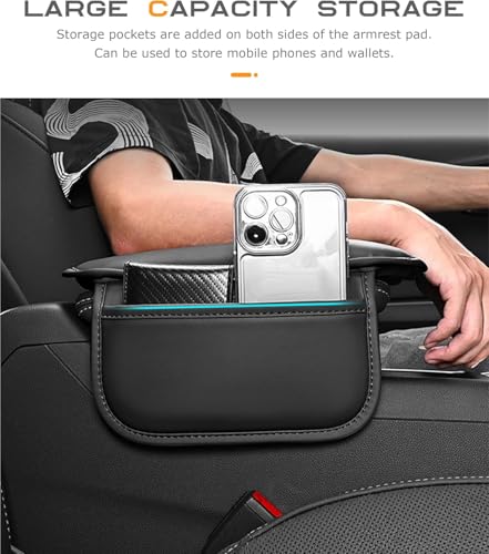 Image of Car Center Console Armrest Pad with Quilted Black Finish, 5-in-1 Storage Including Cup Holders, Tissue Box, and Phone Slot (Console Black)