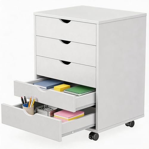 Image of Simple Deluxe 5 Drawer Chest Mobile Storage Cabinets Small Wooden Dresser with Wheels Room Organization Furniture for Office Home, White Wood