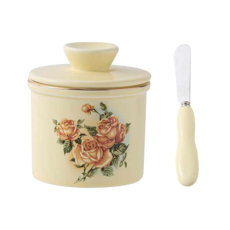 Ceramic Butter Dish with Airtight Lid - Farmhouse Style Butter Keeper Countertop Container for Room Temperature Storage, Includes Stainless Steel Spreader
