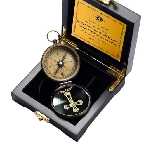 Brújula Única con Diseño Impreso Frase Bíblica Be Strong and Courageous con Caja de Madera Antiguo con Cadena, Gran Regalo para Caminantes y Viajeros miniatura 6