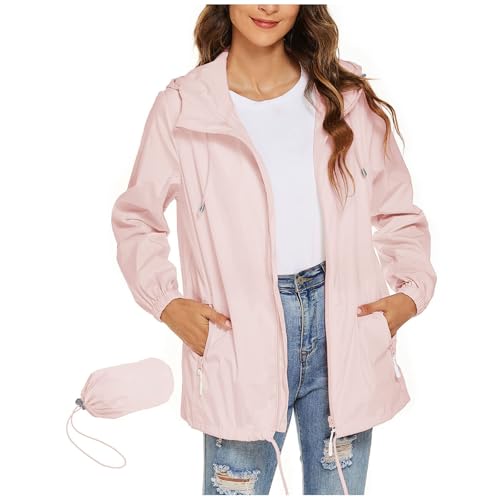 Image of Packaway Waterproof Jacket Raincoat for Women UK Lightweight Solid Plain Windbreaker Packable Hooded Rain Jacket Casual Breathable Outdoor Running Clothes Pink Plus Size 12