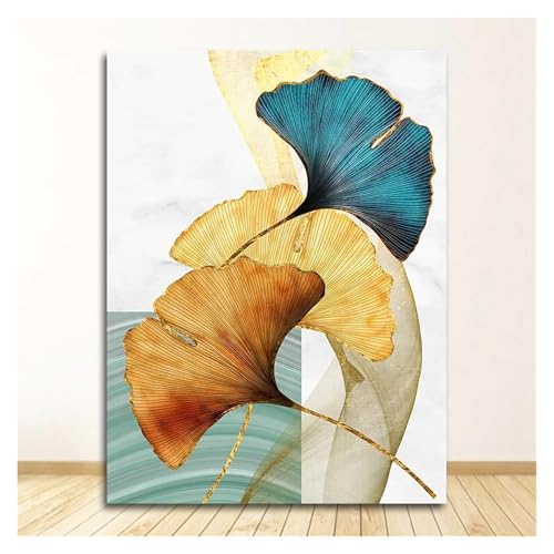 Plante feuille abstraite nordique sur toile haut de gamme bleu et or pour salon