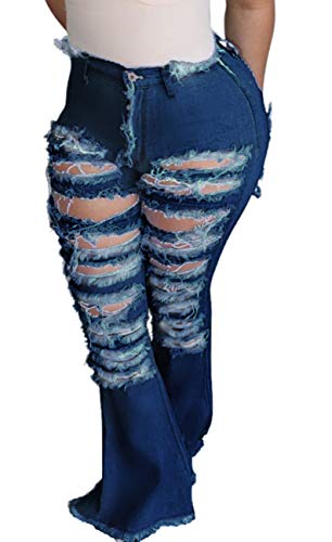 Women Plus Size Bell Bottom Jeans Elastic Waist Ripped Hole Classic Denim Flare Pants