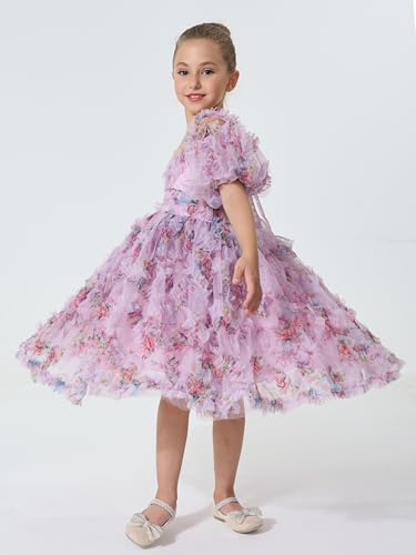 2Bunnies Girls' Tiered 3D Floral Ruffled Tulle Off Shoulder Puff Sleeve Sweetheart Neckline Dress4