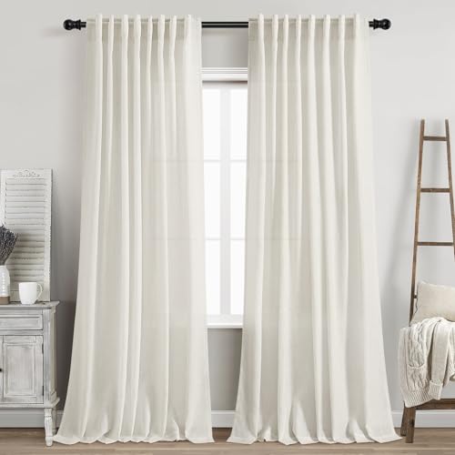 Image of Cream Semi Sheer Curtains 84 Inch Length 2 Panels Set Back Tab Rod Pocket Flax Linen Cotton Textured Curtains for Living Room Dining Room Cream Natural Light Filtering Window Curtain Drapes 60x84