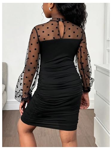 WDIRARA Girl's Polka Dots Sheer Mesh Bishop Long Sleeve Ruched Bodycon Short Dress2