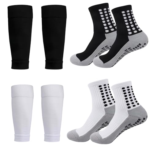 2 Set Grip Socks Soccer with Shin Guard Sleeves Youth Non Slip Athletic Socks with Guards Leg Sleeve for Basketball Football Sports for Men Women One Size 6-10