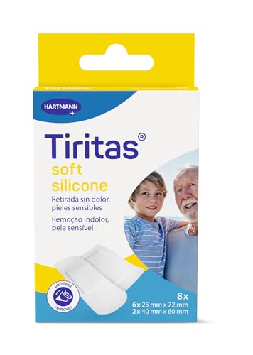 TIRITAS Soft Silicone: Apósitos de color blanco con adhesivo siliconado; Indicadas para las pieles más sensibles y frágiles, Retirada indolora; 2 tamaños 8 unidades
