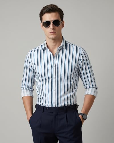 Image of IndoPrimo Men's Striped Casual Shirt | Premium Cotton Formal Shirt for Man | Slim Fit Full Sleeve Strip with Pocket | Office, Business & Smart Casual Wear