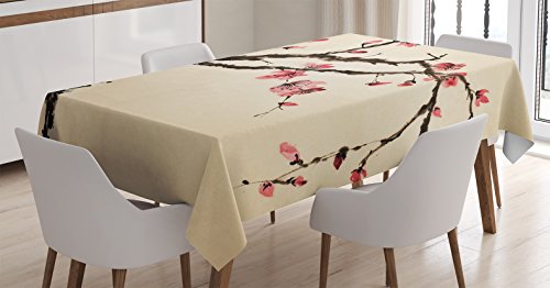 Black Friday Clearance Ambesonne Japanese Tablecloth, Traditional Chinese Paint of Figural Tree with Details Brushstroke Effects Print, Rectangular Table Cover for Dining Room Kitchen Decor, 60" X 84", Brown Pink