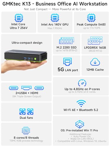 Image of GMKtec K13 Gaming Mini PC AI Intel Ultra 7 256V (up to 4.8GHz) (Beats i9-13900HK / R7 8745HS), Desktop Computer NPU /GPU: 115 Tops, 5GbE LAN, Dual USB4, 16GB LPDDR5X, 1TB SSD
