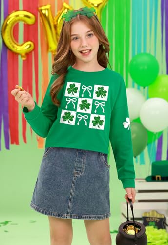 Image of Tween Girl St. Patrick's Irish Lucky Four Leaf Glitter Clover Bow Crop Top Green White Long Sleeve Shirt 14 Years