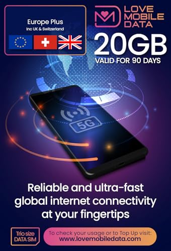 International Multi-Network 4G/5G Data SIM (perfect for Wifi Routers, Tablets & Phones) - Europe Plus UK & Switzerland - 20GB - 90 DAYS - LOVE MOBILE DATA
