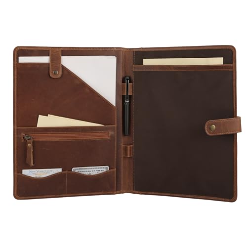 Image of KomalC Leather Portfolio Folder with Button Closure | Business Padfolio for Professionals | Vintage Organizer with Legal Pad Holder, Card Slots & Document Pockets (Serena)