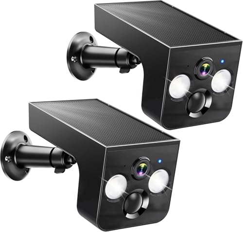 PM POPMAKE Solar Security Cameras Wireless Outdoor, 2K Battery Powered, Cloud/SD Storage, Built-in Solar, IP65 Waterproof, AI Motion, Color Night Vision, Outside WiFi Cameras for Home Security 2-Pack