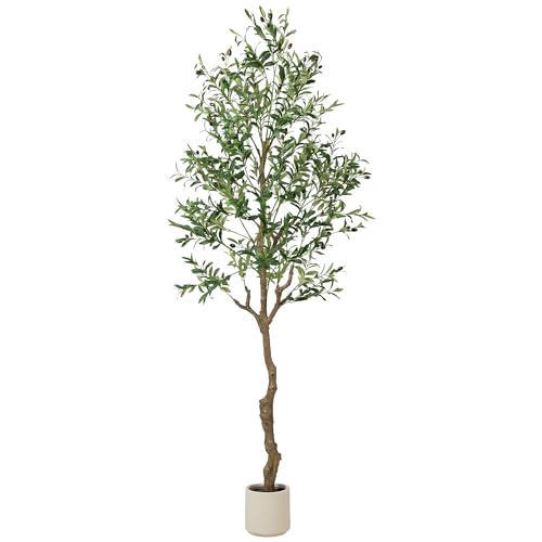 TreeTrip Olive Tree Artificial Indoor 7 FT Faux Olive Trees with Planter Fake Tall Plants with Natural Trunk and Lifelike Fruits for Home Office Decor(1 7FT)