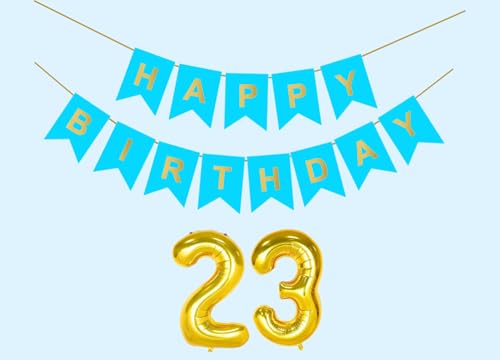 Image of 23rd Sky Blue Happy Birthday Decoration Kit for 23 year Old Boys Girls Women with Number Twenty-three Party Decorations Decor Celebration Items Item Set Combo Reusable Paper Banner