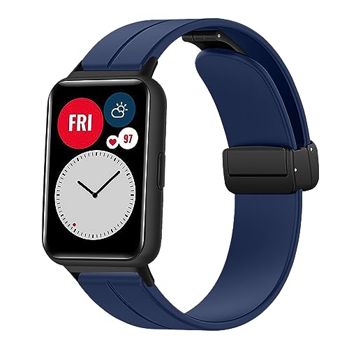 LanQii Correa Compatible con Huawei Watch Fit, Deportiva Suave Silicona Ajustable Fuerte Cierre Magnético Pulsera Hombres Mujeres para Huawei Watch Fit -Azul