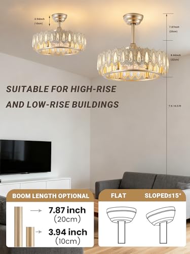 Image of 20 inch Gold Crystal Fandelier Ceiling Fan with Light Caged Mid Century | Crystal Chandelier Ceiling Fans with Remote 6 Speed for Living Room Bedroom Dining Room E12*6