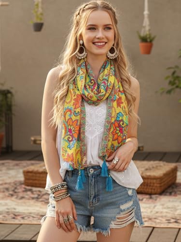 KE KANHA EXPORT Women Scarf|Stole For Women|Scarf For Women Stylish|Stall For Women|Border Print Face Cover Head Wrap|Boho|Beach|Multicolor|180x50cm|Pack Of 1