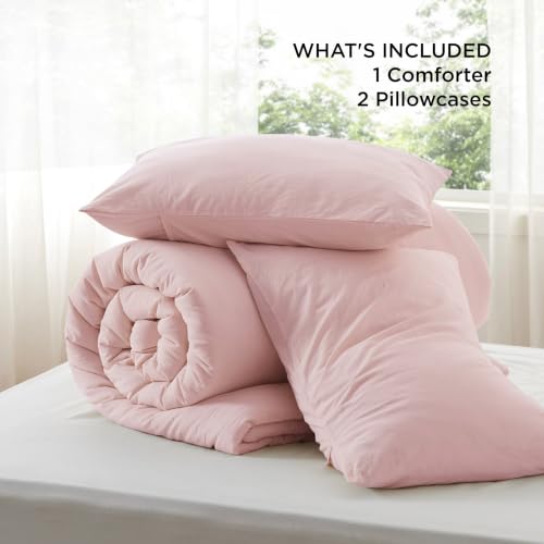 Image of Bedsure PureWoven Cotton Comforter Set Prewashed, King, Light Pink | Cotton Fabric, Microfiber Inner Fill, Soft, Breathable, Natural Wrinkle, 1 Comforter(104 inch X 90 inch), 2 Pillow Shams(20 inchx26 inch)