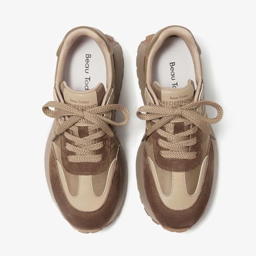 BEAU TODAY Fashion Sneakers for Women, Casual Walking Sneakers for Women, Genuine Leather Chunky Platform Retro Sneakers, Comfortable Non-Slip Tennis Running Shoes2