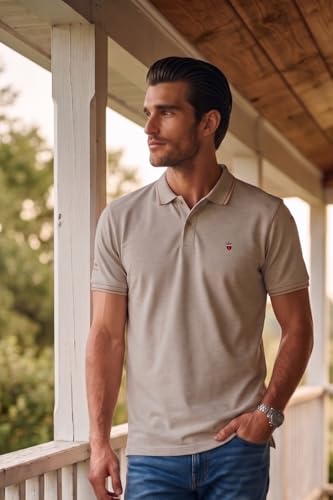 Image of Louis Philippe Men's Slim Fit Single-Tuck Pique Stylized Sleeve Print and Contrast Tipping Half Sleeve Solid Cotton Polo Tshirt