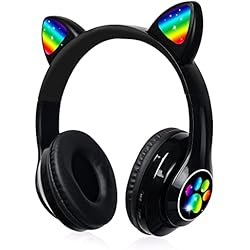 Auriculares Con Luces Led Y Orejas De Gato OHAANYY Auriculares inalámbricos Bluetooth para niños,Plegables para niñas,Orejas de Gato con Luces LED,Audio inalámbrico para niños, Bluetooth 5.0,Auriculares para Tableta/teléfono móvil/PC(Negro)