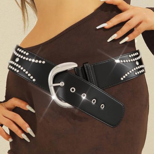 COSYDAYS Silver Wide Leather Belt Rivet Chunky Belts Fashion Punk Waist Y2K Belt for Women2