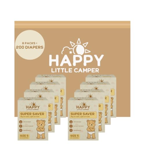 Image of Happy Little Camper Super Saver Diapers, Size 5, 200 Count | Budget-Friendly Disposable Diapers for Sensitive Skin | Hypoallergenic, Fragrance-Free, Ultra Absorbent