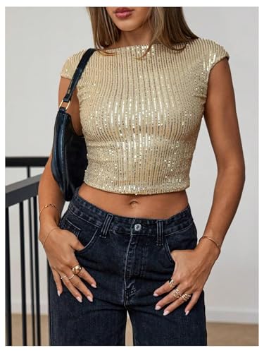 WDIRARA Women's Sequin Boat Neck Shirts Sparkle Glitter Backless Tee Cap Sleeve Crop Tops3