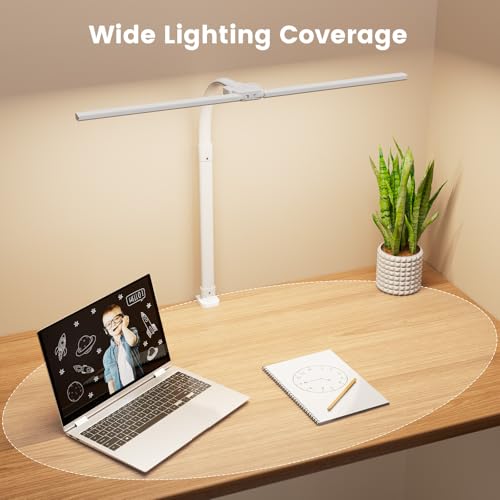 Image of LED Desk Lamp - Bright Dimmable Computer Lamp, 24W Bendable Desk Light for Monitor Screen, Eye-Caring Tall Desktop Light for Task Home Office Work, White, Dual Head