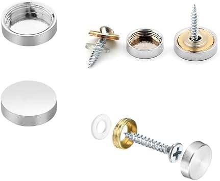 12 Set Mirror Screws with Chrome Caps 10mm Shower Decorative Covers Brushed Polished Stainless Steel Nails with Washers for Tables, Bath Plates, Wardrobes, Glass Signs, Zinc Plated, Silver