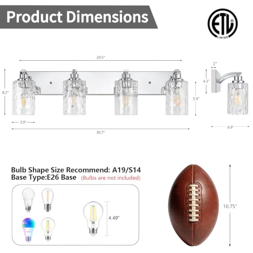 Image of 4-Light Bathroom Light Fixtures Modern Chrome Vanity Lights | Easy to Install Clear Hammered Glass Shades, Rippled Glow, Wall Mount Up or Down, E26 Socket, Hardwired, 120V