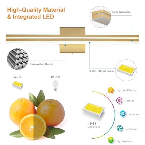 Image of SineRise LED Modern Bathroom Vanity Light Fixtures (24-Inch, 3000K /4000K /6000K, Dimmable), Gold Modern Acrylic Bathroom Wall Lighting Fixtures Over Mirror