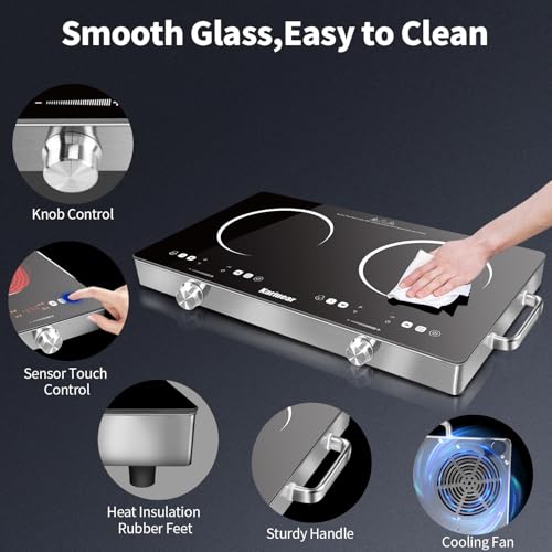 Karinear 2 Burner Electric Cooktop 110V, Portable Electric Stove with Handle, Knob Control Electri Hot Plate, Ceramic Countertop Burner, Timer, Safety Lock, 9 Power Level, 2000W, 24 inch(White) - Image 6