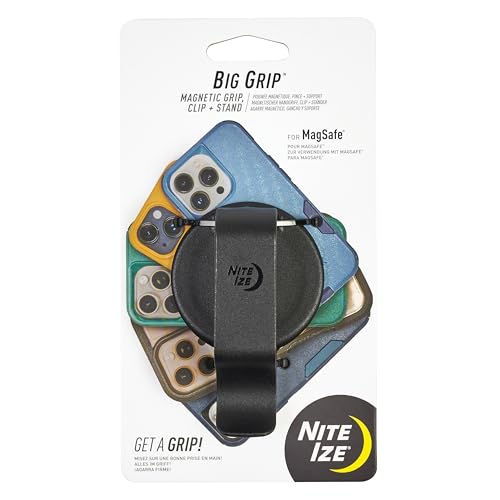 Nite Ize Big Grip Magnetic Grip Clip & Stand - Magnetic Phone Holder with Standing Handle - Compatible with MagSafe iPhones & Cases Only - Includes Clip to Attach to Bag Straps & Pockets