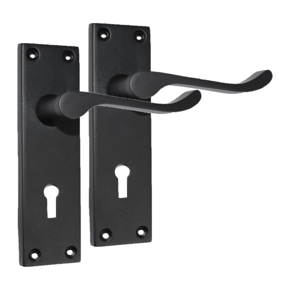 Epsom Door Handle Victorian Scroll Matt Black Lock Set – Backplate Design 150mm x 42mm – Supplied with 3-Lever Mortice Sash Mechanism – 6 Pairs