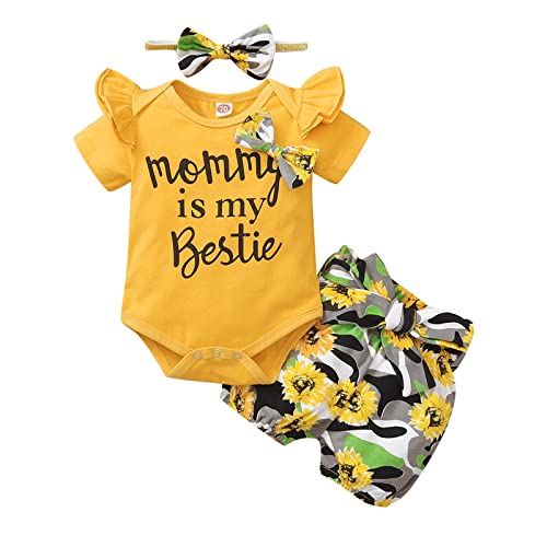 Image of Newborn Baby Girl Clothes Snap Cotton Bodysuit Floral Shorts Baby Headband Infant 3Pcs Outfits Summer Set
