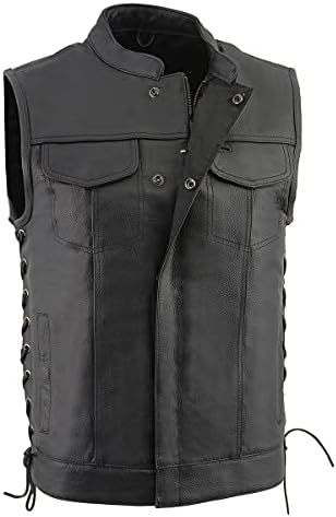 Milwaukee Leather LKM3712 Men's Black Leather Club Style Motorcycle Rider Vest W/Front Snap/Zipper and Side Lace - X-Large