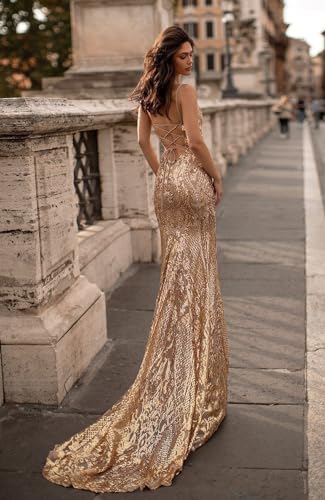 MAGGCIF Mermaid Sequin Prom Dresses for Women with Slit V Neck Sparkly Long Formal Evening Party Gown2