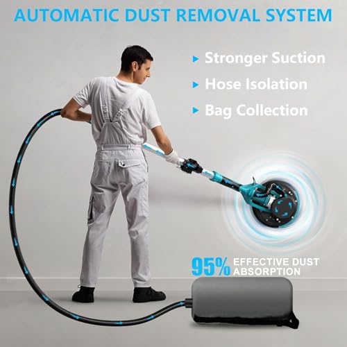 Image of Drywall Sander, 1250W 11.5-Amp Electric Drywall Sander with Vacuum, Popcorn Ceiling Removal Tool with Variable Speed 800-1800RPM, Foldable & Extendable Handle, LED Light, 18pcs Sanding Discs